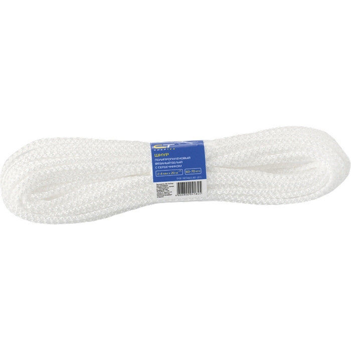 Шнур вязаный полипропиленовый с сердечником белый, 6 мм., L 20 метров, 95