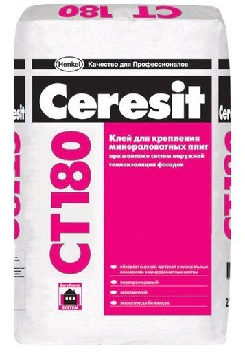 Клей цементный Ceresit СТ-180 для минераловатных плит при монтаже наружной теплоизоляции фасадов 25 кг
