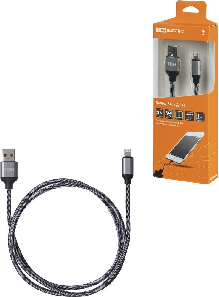 Дата-кабель, ДК 12, USB - Lightning, 1м, тканевая оплетка, серый, TDM