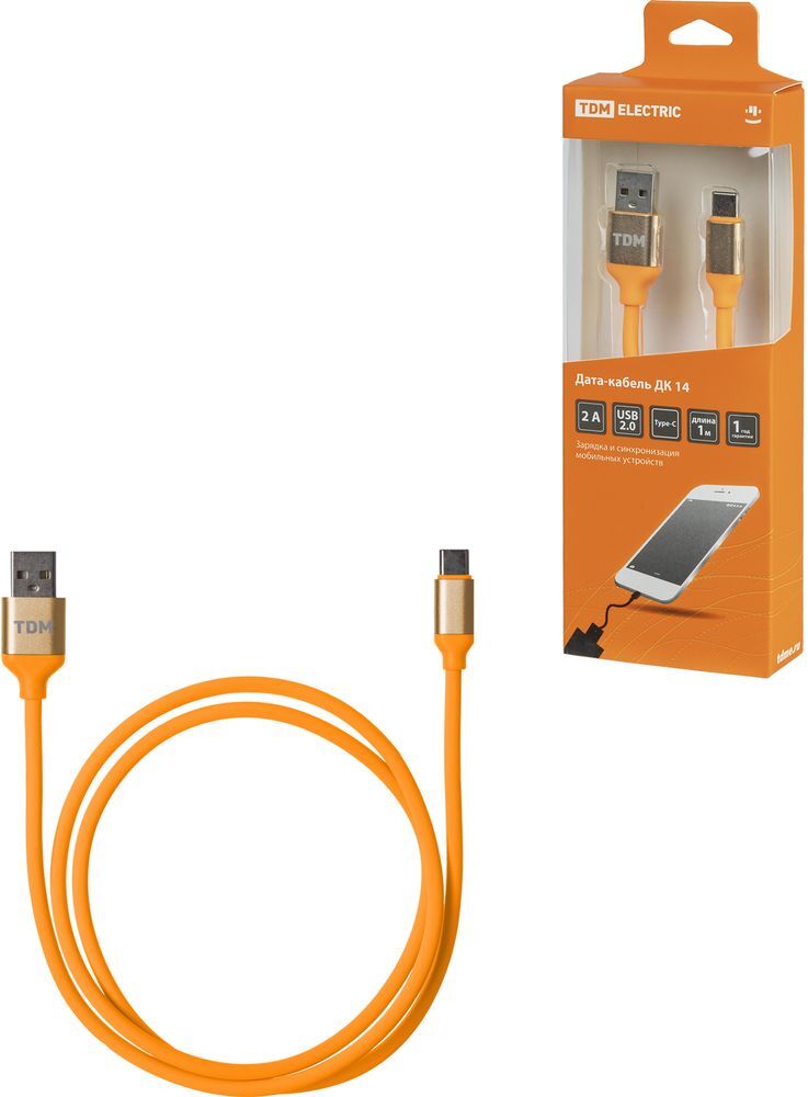 Дата-кабель, ДК 14, USB - USB Type-C, 1м, силиконовая оплетка, оранжевый, TDM