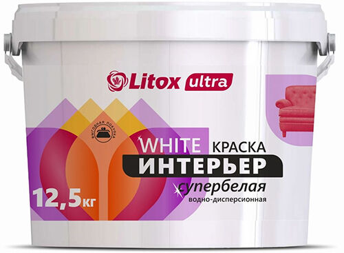 Краска на акриловой основе ULTRA WHITE ИНТЕРЬЕР, Литокс, 12.5 кг