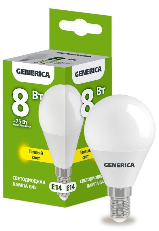 Лампа светодиодная G45 8 Вт шар 3000К E14 230В GENERICA LL-G45-08-230-30-E14-G
