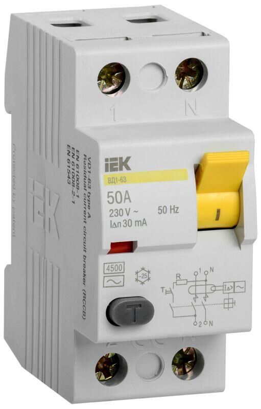 Выключатель дифференциального тока (УЗО) 2п 50 А 30мА тип AC ВД1-63 IEK MDV10-2-050-030