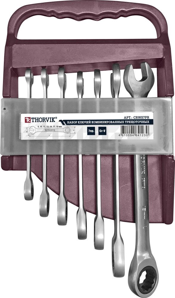 Набор ключей гаечных комбинированных трещоточных на держателе, 8-19 мм, 7 предметов CRWS7PR Thorvik CRWS7PR Набор ключей