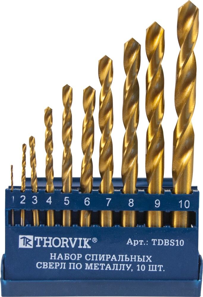 Набор спиральных сверл по металлу HSS TiN в пластиковом кейсе, d1.0-10.0 мм, 10 предметов TDBS10 Thorvik TDBS10 Набор сп