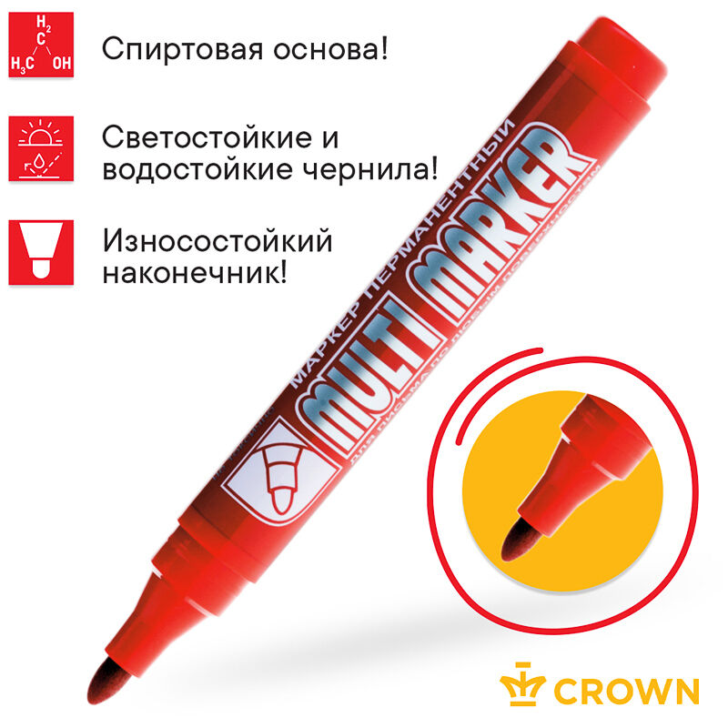 Маркер перманентный Crown Multi Marker 3 мм, красный, пулевидный