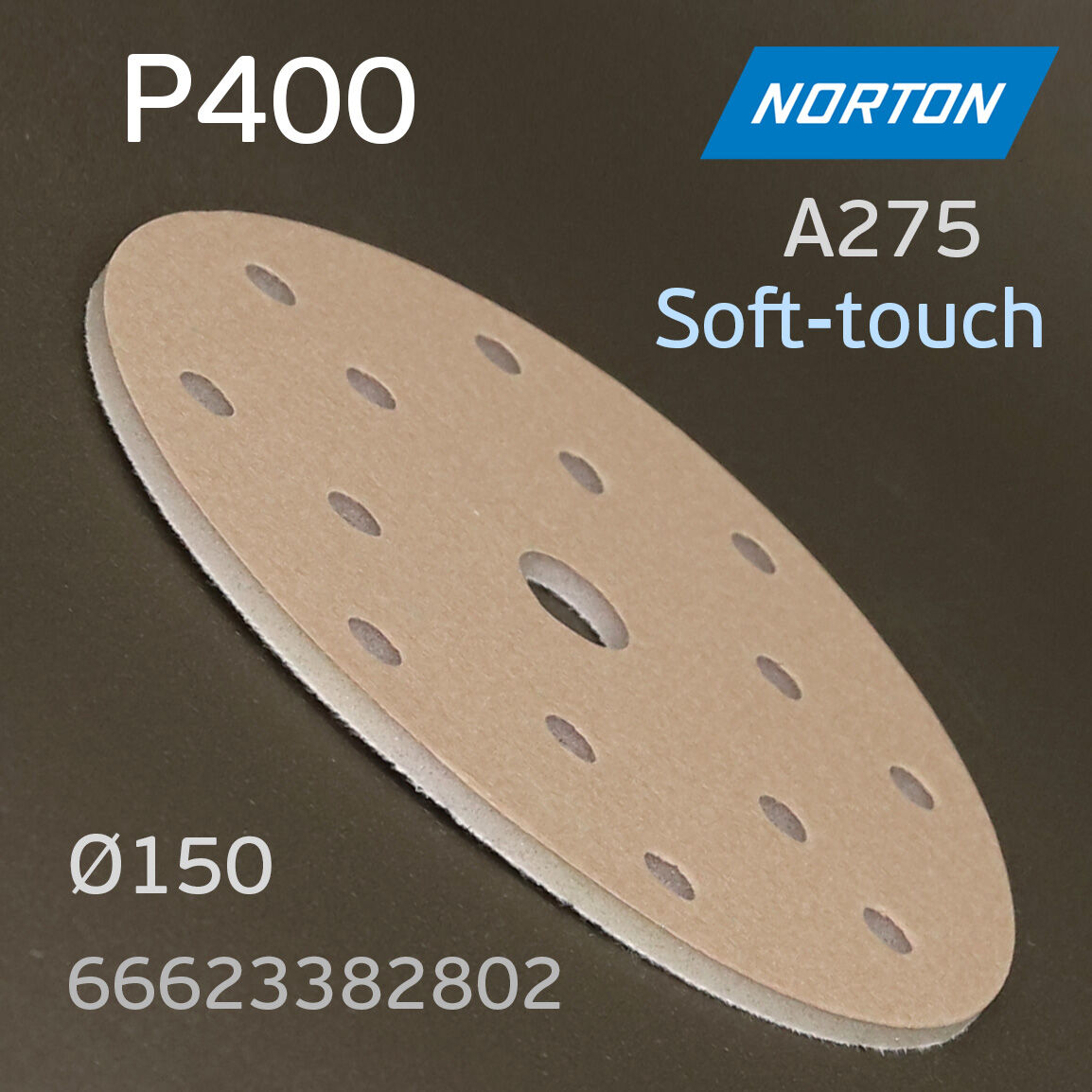 Круг на поролоне Norton A275 Р400 Soft-touch (15отв.) шлифовальный липучка