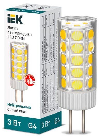 Лампы светодиодные IEK Лампа светодиодная Corn 3Вт капсульная 4000К нейтр. бел. G4 12В керамика LLE-Corn-3-012-40-G4