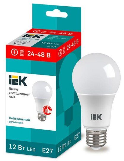 Лампы светодиодные IEK Лампа светодиодная 12Вт A60 шар 24-48В 4000К нейтр. бел. E27 низковольтная