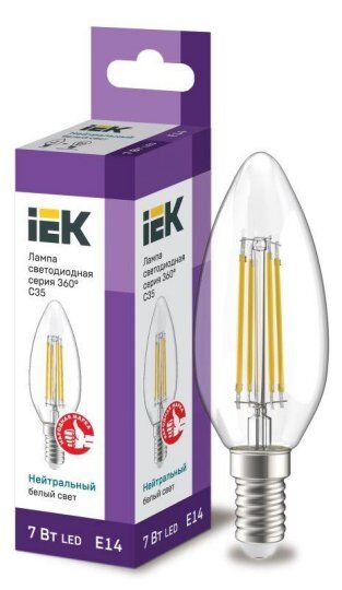 Лампы светодиодные IEK Лампа светодиодная филаментная 360° 7Вт C35 свеча прозрачная 4000К нейтр. бел. E14 230В