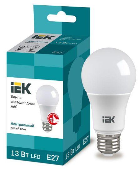Лампы светодиодные IEK Лампа светодиодная Eco 13Вт A60 шар грушевидная 4000К нейтр. бел. E27 230В