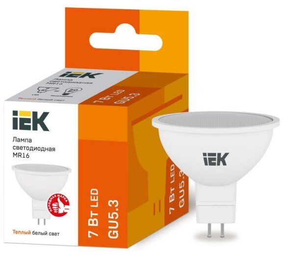 Лампы светодиодные IEK Лампа светодиодная ECO MR16 7Вт 3000К тепл. бел. GU5.3 630лм 230-240В