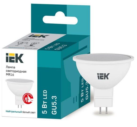 Лампы светодиодные IEK Лампа светодиодная Eco 5Вт MR16 софит 4000К нейтр. бел. GU5.3 450лм 230-240В