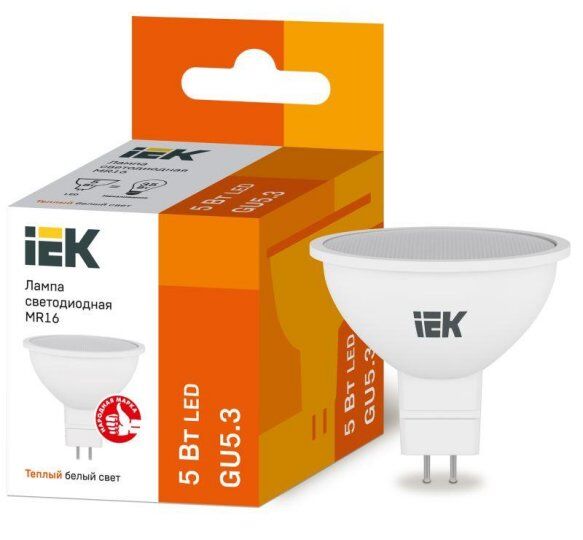 Лампы светодиодные IEK Лампа светодиодная ECO MR16 5Вт 3000К тепл. бел. GU5.3 450лм 230-240В