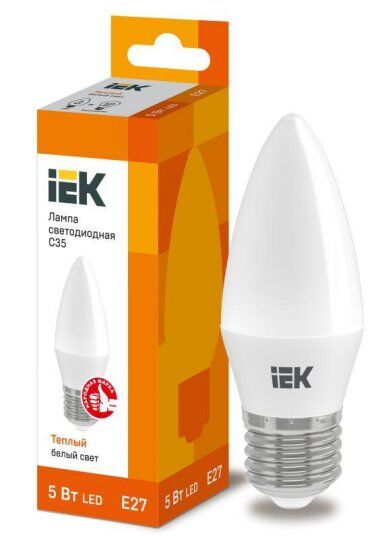 Лампы светодиодные IEK Лампа светодиодная ECO C35 5Вт свеча 3000К тепл. бел. E27 450лм 230-240В