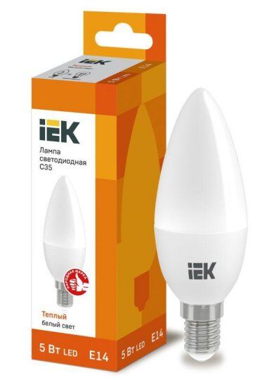Лампы светодиодные IEK Лампа светодиодная ECO C35 5Вт свеча 3000К тепл. бел. E14 450лм 230-240В