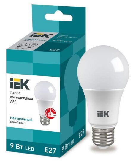 Лампы светодиодные IEK Лампа светодиодная Eco 9Вт A60 шар грушевидная 4000К нейтр. бел. E27 810лм 230-240В