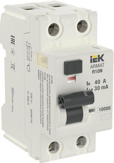 Выключатели дифференцальные модульные IEK Выключатель дифференциального тока (УЗО) 2п 40А 30мА тип AC ВДТ R10N ARMAT