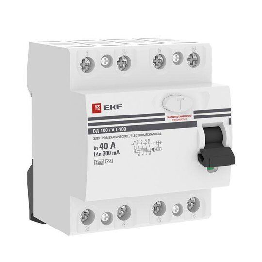 Выключатели дифференцальные модульные EKF Выключатель дифференциального тока (УЗО) 4п 40А 300мА тип AC ВД-100 (электроме