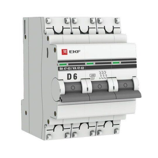 Выключатель автоматический модульный EKF Выключатель автоматический модульный 3п D 6А 4.5кА ВА 47-63 PROxima