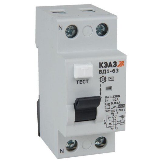 Выключатели дифференцальные модульные КЭАЗ Выключатель дифференциального тока (УЗО) 2п 40А 30мА тип AC ВД1-63 2240 УХЛ4