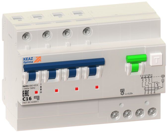 Выключатели дифференцальные модульные КЭАЗ Выключатель автоматический дифференциального тока 4п C 10А 30мА тип A 6кА Opt