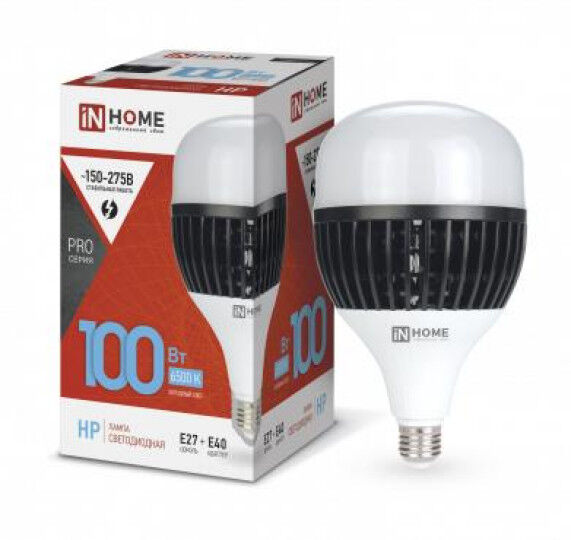 Лампы светодиодные IN HOME Лампа светодиодная LED-HP-PRO 100Вт 6500К холод. бел. E27 9000лм 150-275В с адаптером E40