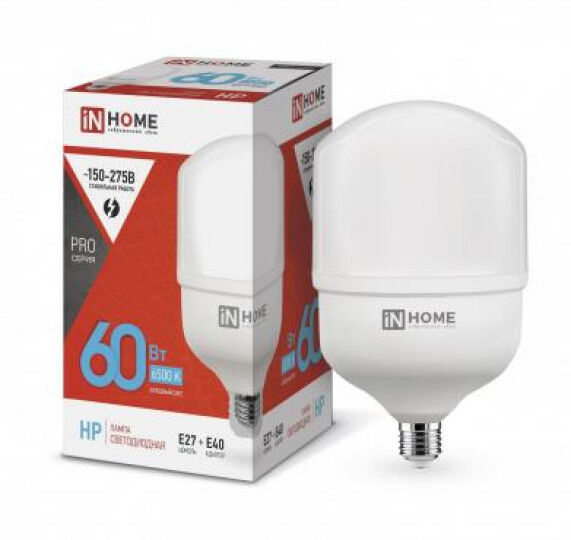 Лампы светодиодные IN HOME Лампа светодиодная LED-HP-PRO 60Вт 230В 6500К E27 5700лм с адаптером E40