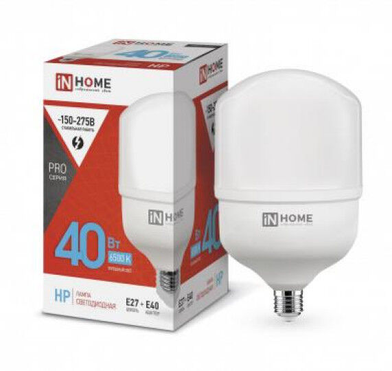 Лампы светодиодные IN HOME Лампа светодиодная LED-HP-PRO 40Вт 230В 6500К E27 3800лм с адаптером E40