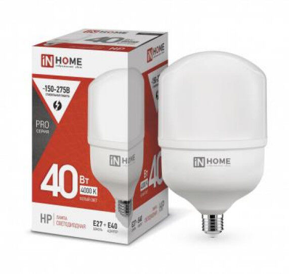 Лампы светодиодные IN HOME Лампа светодиодная LED-HP-PRO 40Вт 4000К нейтр. бел. E27 3800лм 230В с адаптером E40