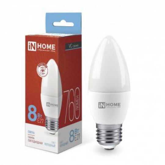 Лампы светодиодные IN HOME Лампа светодиодная LED-СВЕЧА-VC 8Вт свеча 230В E27 6500К 760лм