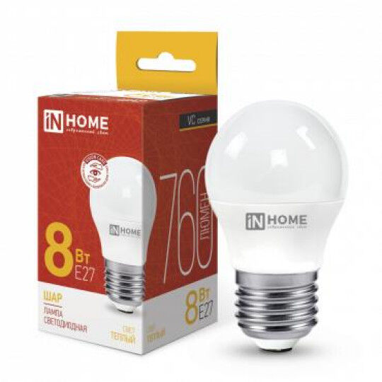 Лампы светодиодные IN HOME Лампа светодиодная LED-ШАР-VC 8Вт шар 230В E27 3000К 760лм