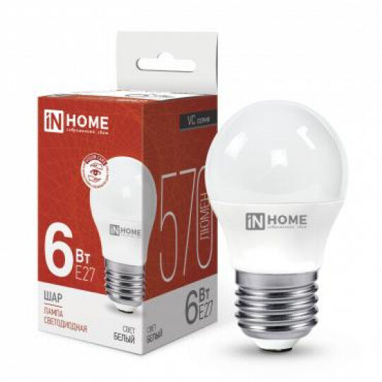 Лампы светодиодные IN HOME Лампа светодиодная LED-ШАР-VC 6Вт шар 4000К нейтр. бел. E27 570лм 230В
