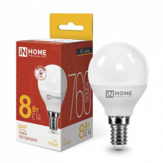 Лампы светодиодные IN HOME Лампа светодиодная LED-ШАР-VC 8Вт шар 230В E14 3000К 760лм