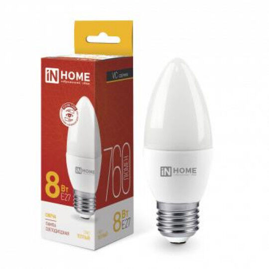 Лампы светодиодные IN HOME Лампа светодиодная LED-СВЕЧА-VC 8Вт свеча 230В E27 3000К 760лм