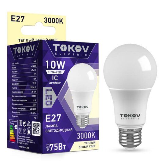 Лампы светодиодные TOKOV ELECTRIC Лампа светодиодная 10Вт А60 3000К Е27 176-264В