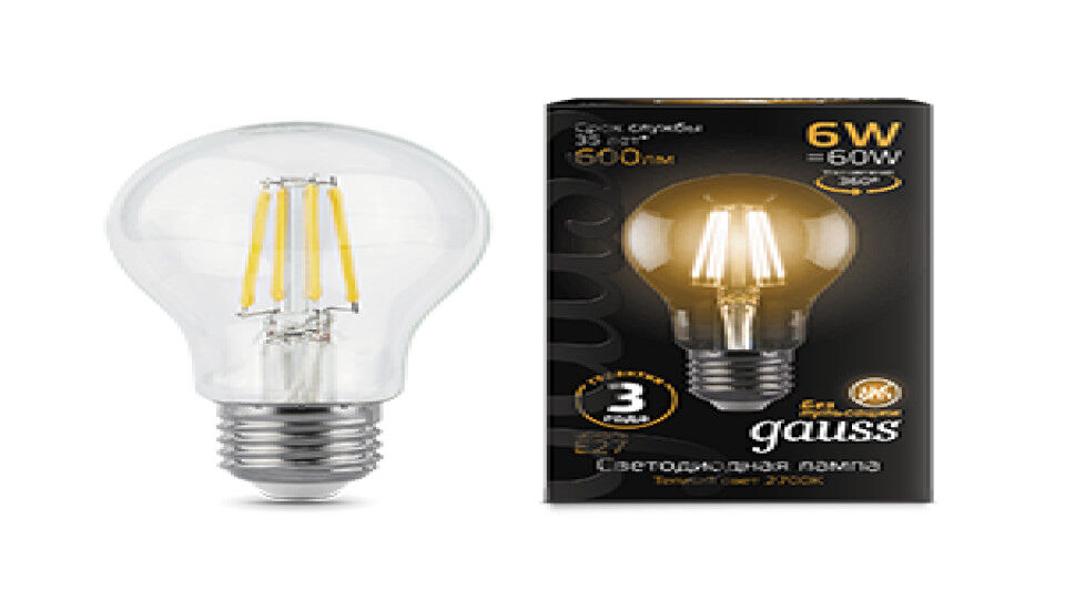 Лампы светодиодные GAUSS Лампа светодиодная филаментная Filament 6Вт A60 2700К тепл. бел. E27 600лм