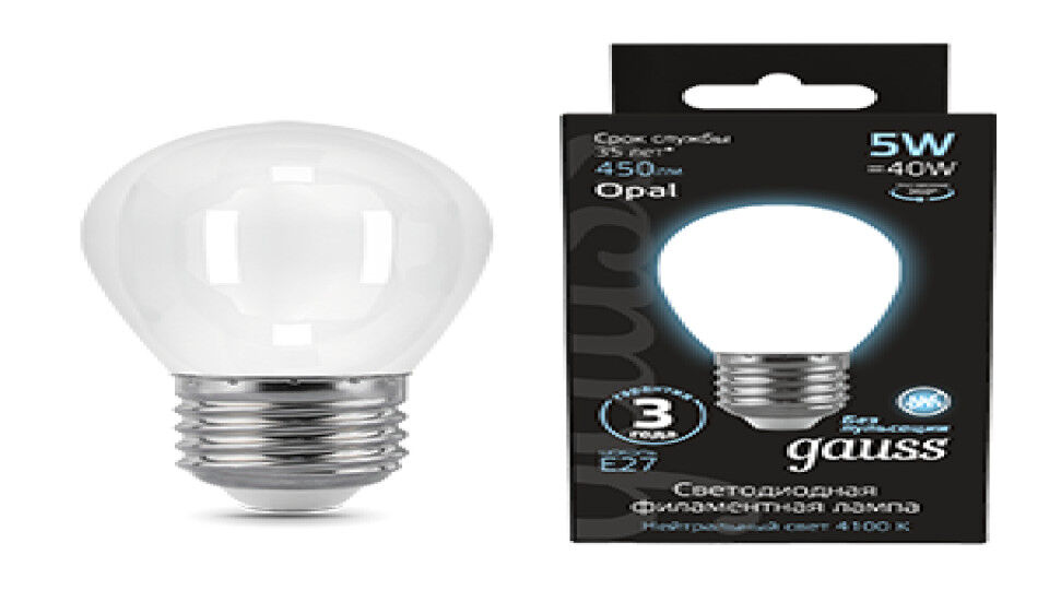 Лампы светодиодные GAUSS Лампа светодиодная филаментная Filament 5Вт шар 4100К нейтр. бел. E27 450лм milky