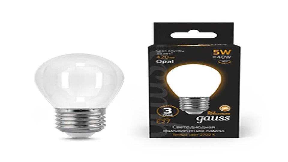 Лампы светодиодные GAUSS Лампа светодиодная филаментная Filament 5Вт шар 2700К тепл. бел. E27 420лм milky
