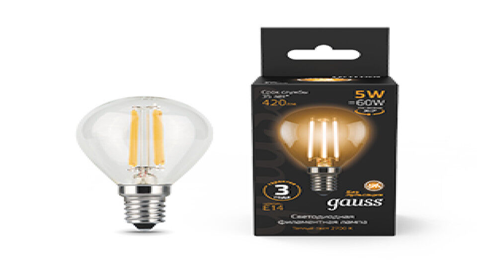 Лампы светодиодные GAUSS Лампа светодиодная филаментная Filament 5Вт шар 2700К тепл. бел. E14 420лм