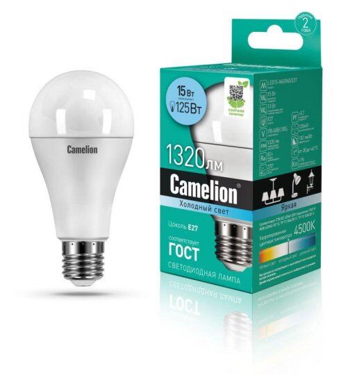 Лампы светодиодные Camelion Лампа светодиодная LED15-A60/845/E27 15Вт грушевидная 4500К E27 1320лм 220В бел.