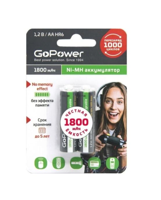 Аккумулятор AA 1.2V, 1800 mAh Ni-Mh "GoPower" BL-2