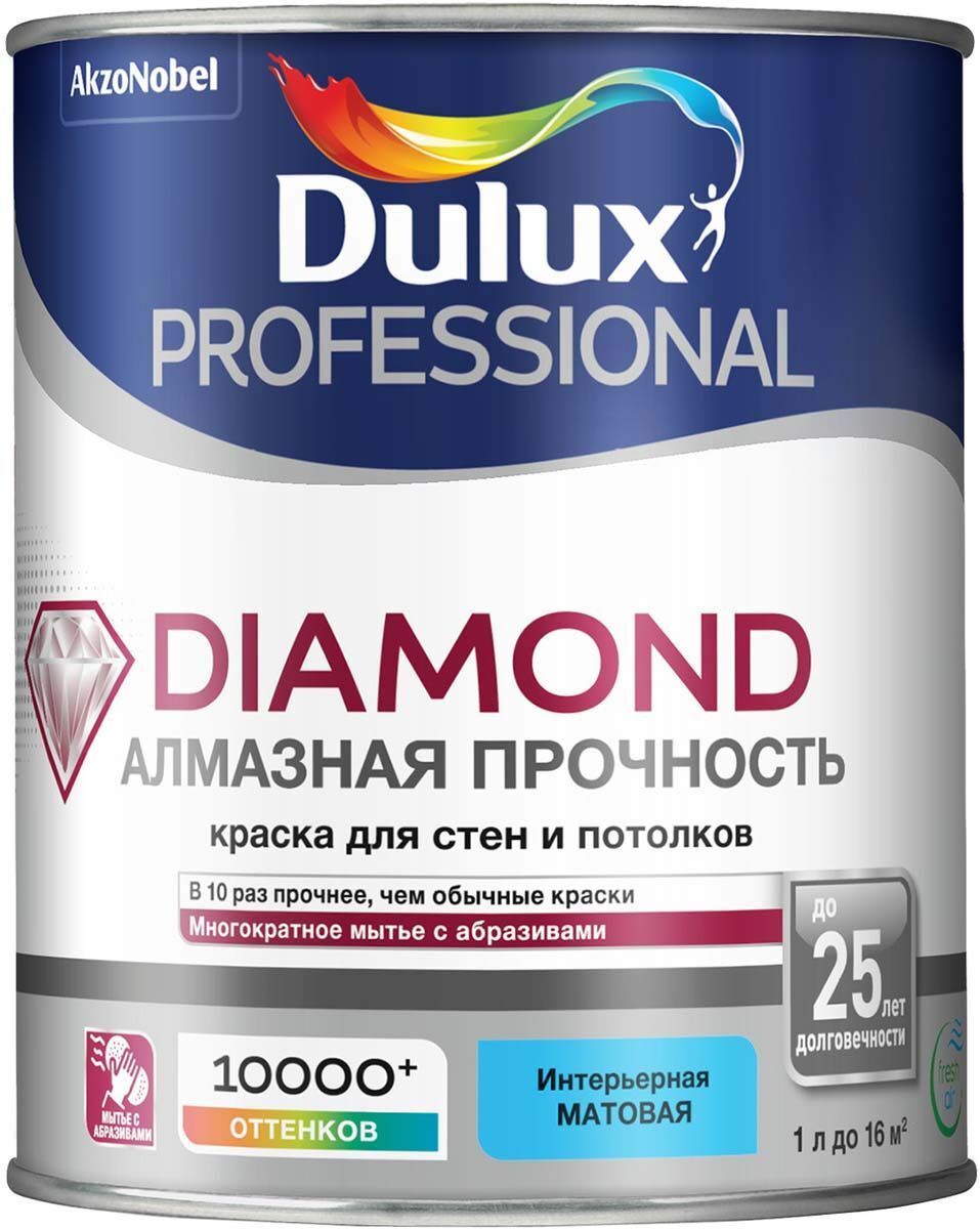 DULUX Diamond Алмазная прочность база BW белая краска износостойкая матовая (1л) / DULUX Professional Diamond Алмазная п