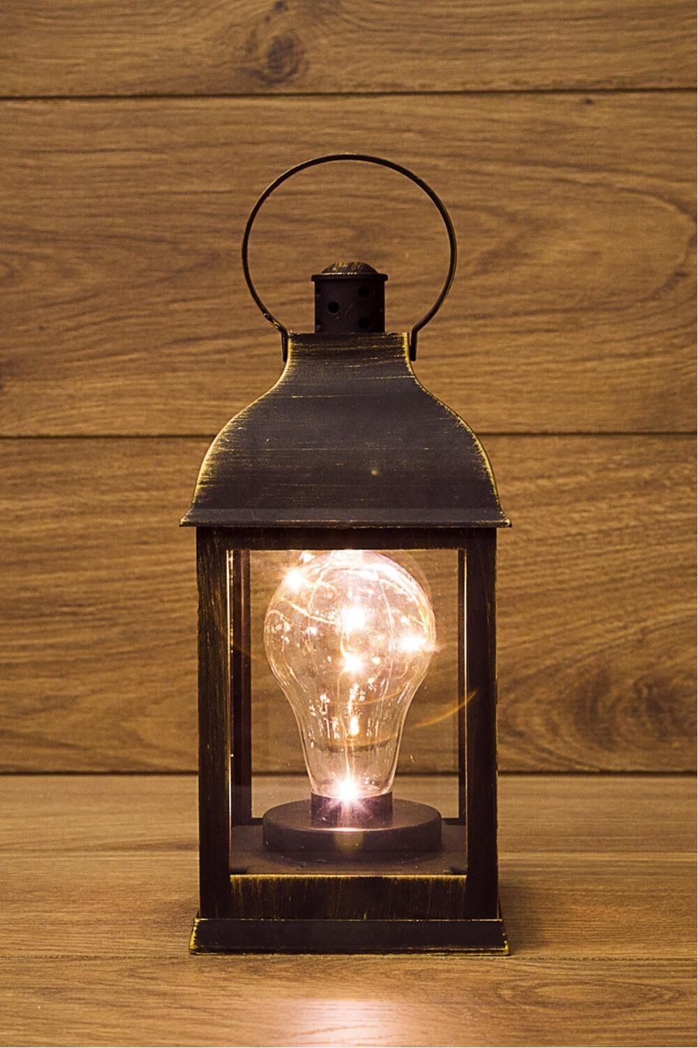 Декоративный фонарь с лампочкой, бронзовый корпус, размер 10.5х10.5х22,5 см, цвет ТЕПЛЫЙ БЕЛЫЙ(упак/12шт.)